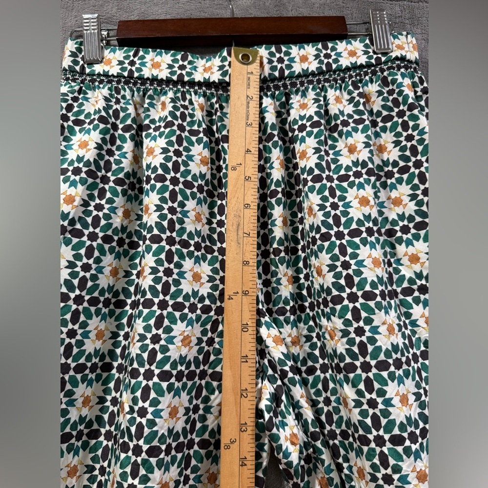Theory 100% Silk Green Geometric Print Wide Leg Trouser Pants Size S Bohemian - Picture 4 of 9